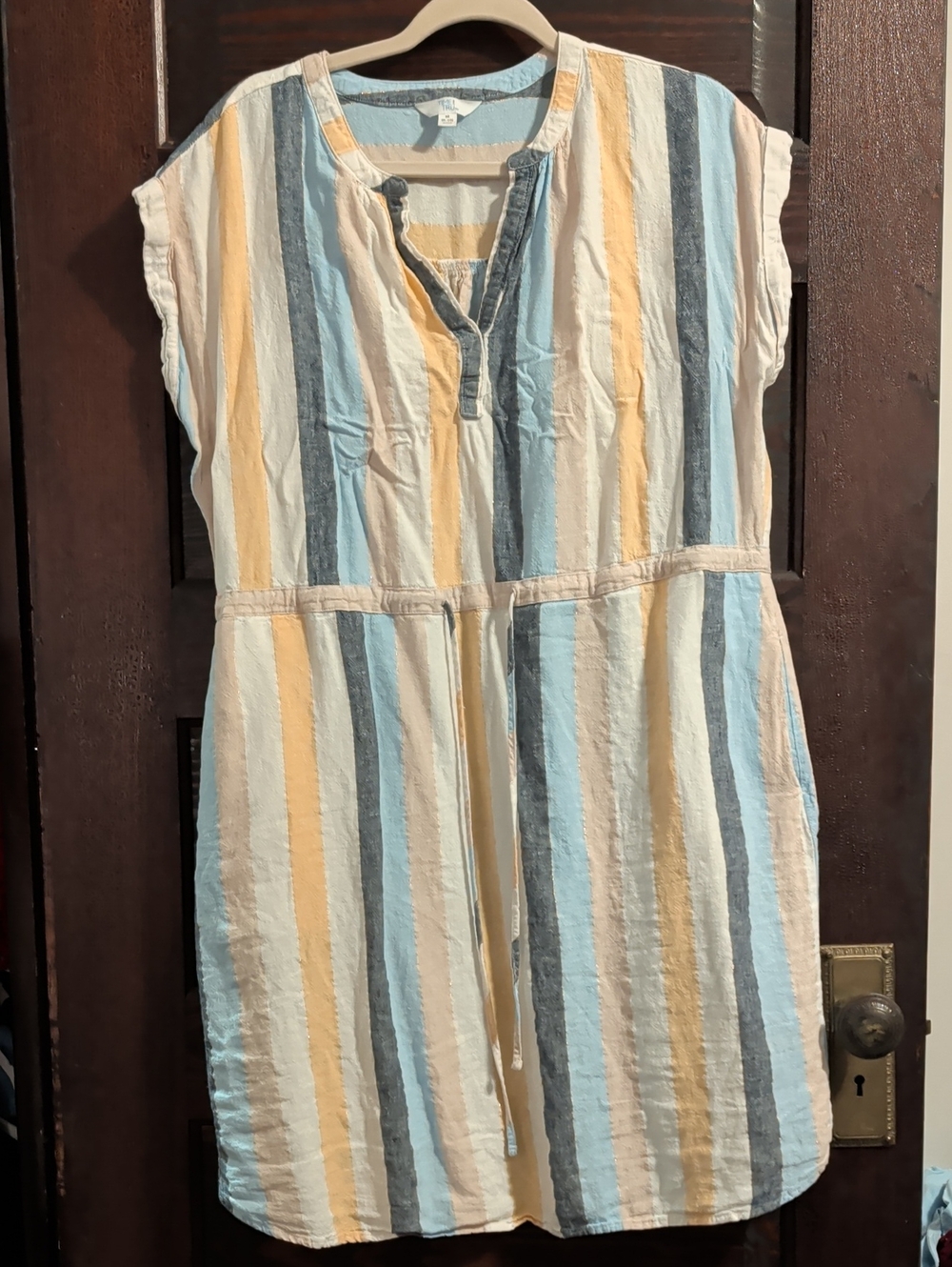 Time and Tru Striped Midi Dress in Light Blue, Yellow, Cream and Gray